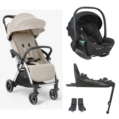 Conjunto de carrinho de bebé bege e cadeira auto preta com base