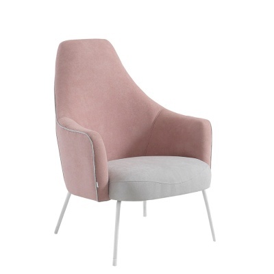 Poltrona rosa e cinza com pernas brancas e design moderno