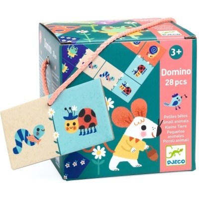 Caixa de dominó colorida com desenhos de pequenos animais e cordão para transporte