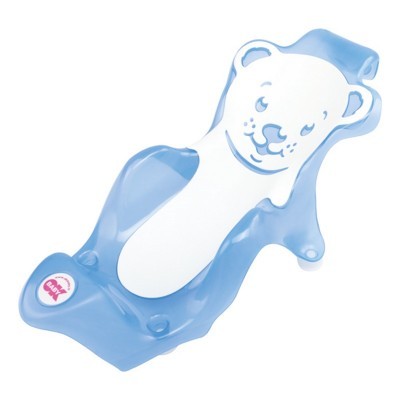 Suporte de banho azul para bebé com desenho de urso branco