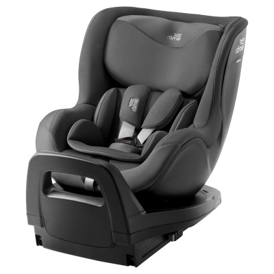 cadeira auto infantil cinza escuro com cinto de segurança e base preta