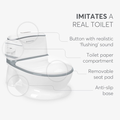 Sanita infantil branca com detalhes cinzentos e descrições das funcionalidades em inglês