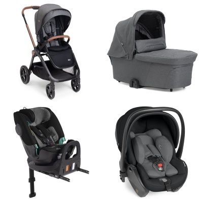 Conjunto de carrinho de bebé cinza, alcofa cinza, cadeira auto cinza e preta e ovo para bebé cinza e preto.