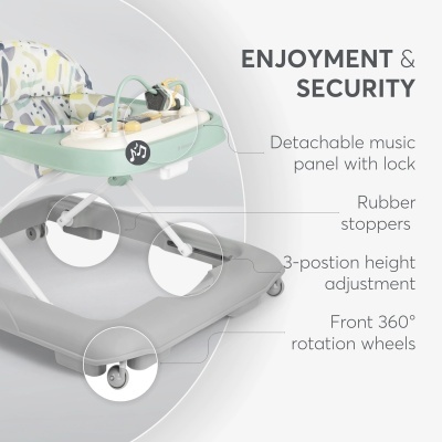 Andador de bebé com assento acolchoado e base cinzenta com rodas dianteiras giratórias