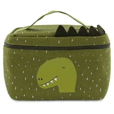 necessaire retangular verde com desenho de dinossauro e espinhos em relevo