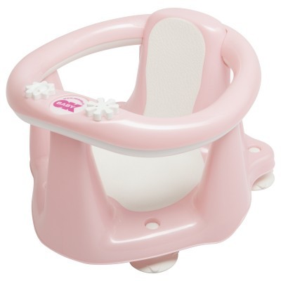 Assento de banho para bebé rosa com encosto branco e flores decorativas