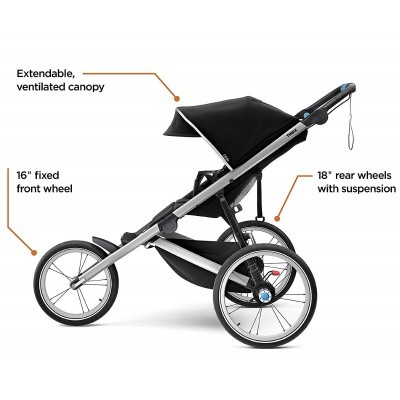 Carrinho de bebé preto com rodas grandes e capota extensível