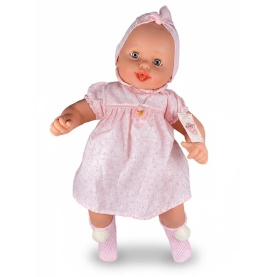 Boneca de bebé com vestido e touca rosa