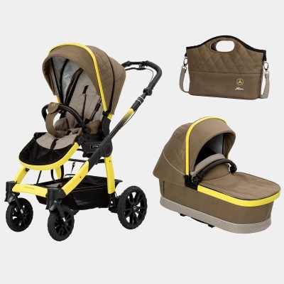 Carrinho de bebé modular bege e amarelo, alcofa, bolsa com logótipo Mercedes-Benz.