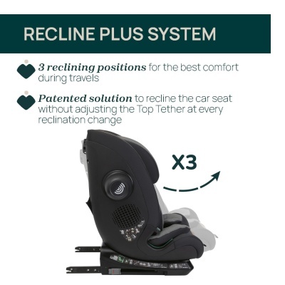 Cadeira auto de criança preta com 3 posições reclináveis e conectores Isofix.