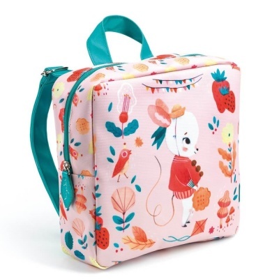 Mochila infantil rosa com ilustrações coloridas e alças azuis