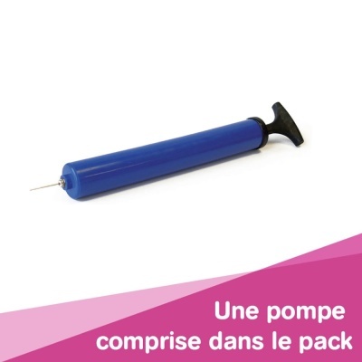 Bomba manual azul com agulha e texto em francês no canto inferior direito