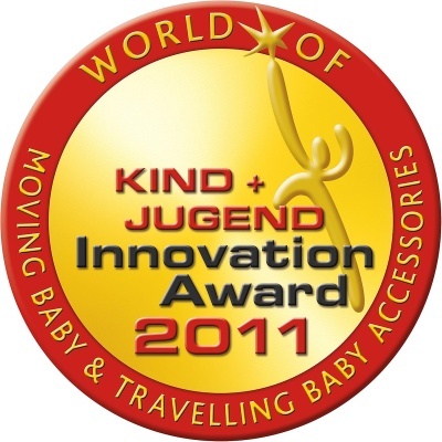 Selo redondo amarelo com borda vermelha e texto KIND + JUGEND Innovation Award 2011