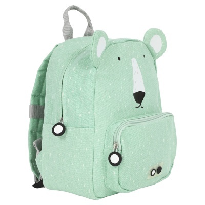 Mochila infantil verde com design de urso e bolso frontal