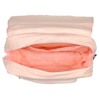 Mala cor-de-rosa clara com pequenas estrelas brancas aberta mostrando interior rosa salmão