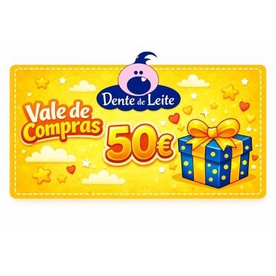 Vale de compras amarelo com texto e presente azul com laço amarelo