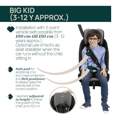 criança sentada em assento auto infantil cinzento e preto com cinto de três pontos, texto explicativo ao lado