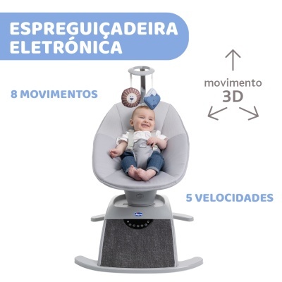 Espreguiçadeira eletrónica cinzenta com bebé sentado e brinquedos pendurados