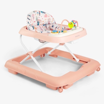 Cadeira de andar de bebé rosa claro com assento acolchoado e brinquedos