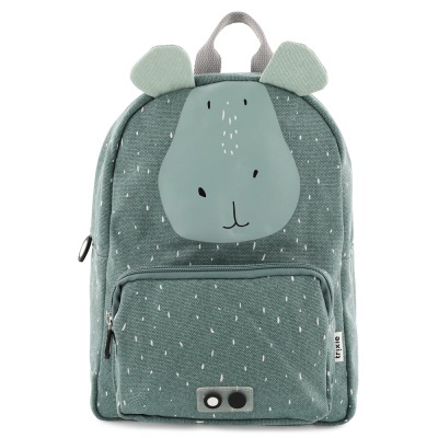 Mochila infantil verde com padrão branco e rosto de animal frontal