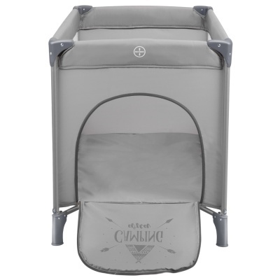 Berço portátil cinzento com abertura frontal e bolso impresso