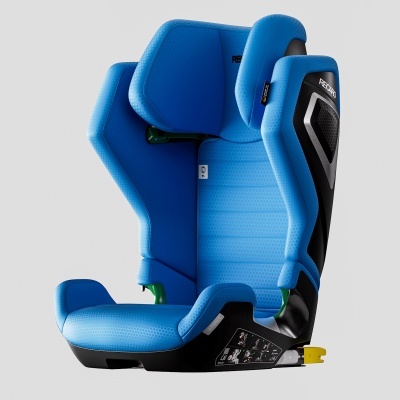 Cadeira auto azul para crianças com laterais negras e sistema ISOFIX amarelo