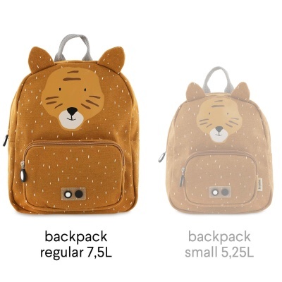 Mochila castanha com rosto de animal e padrão de manchas brancas