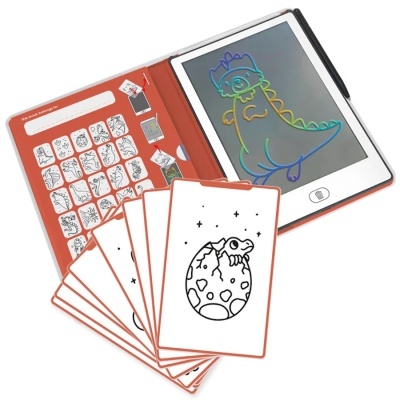 Livro interativo com cartões e tablet para desenhar dinossauros