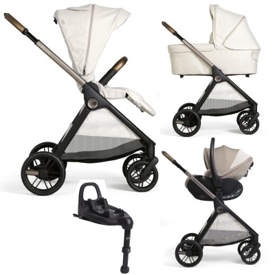 Carrinho de bebé Chicco Bellagio bege com estruturas preta em três configurações e base de instalação