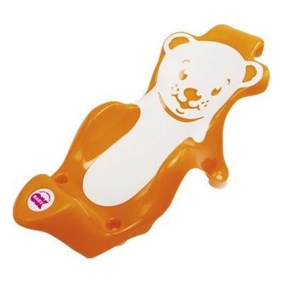 Produto para bebé em plástico laranja com base branca e desenho de urso