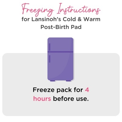 Instruções para congelação do Lansinoh's Cold & Warm Post-Birth Pad com frigorífico roxo