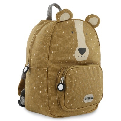 Mochila infantil castanha com rosto de urso e pequenas manchas brancas.
