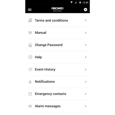 Interface da aplicação RECARO Easy-Tech com menu de opções em inglês num telemóvel