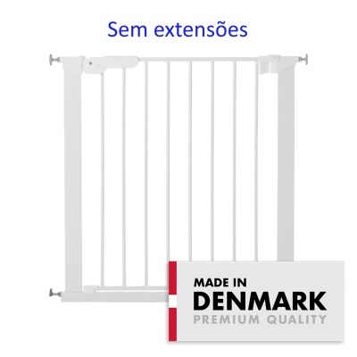 Grade de segurança branca em metal com fixadores e textos informativos