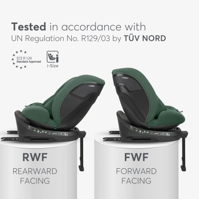 Duas cadeiras auto verdes escuras, vistas de lado, demonstrando posições Rearward Facing e Forward Facing