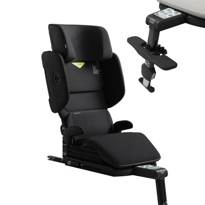 Cadeira auto para criança preta, com apoio lateral e estofado preto, com etiqueta amarela e texto branco