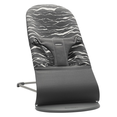 Espreguiçadeira para bebé cinzenta e preta com padrões e base redonda