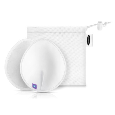 Conjunto de almofadas para seios brancas com saco branco e etiqueta Lansinoh