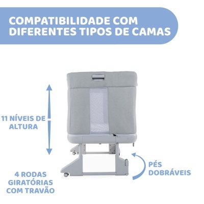 Berço portátil cinzento com 4 rodas, 11 níveis de altura e pés dobráveis