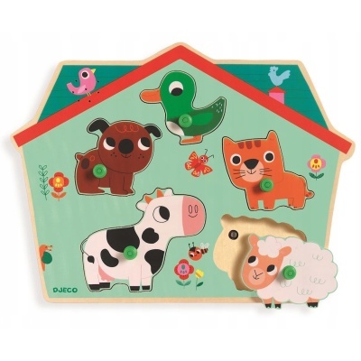 Quebra-cabeças de encaixe de madeira com animais da quinta coloridos
