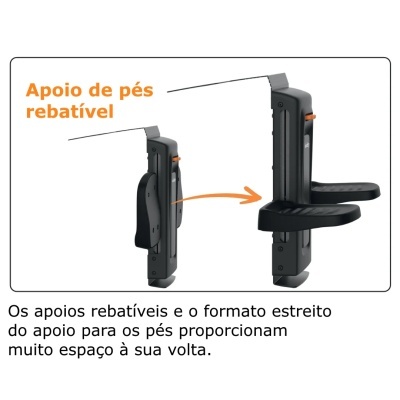 Apoio de pés rebatível em plástico preto demonstrado em duas posições com texto em português.
