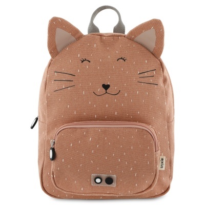 Mochila castanha com desenho de rosto de gato