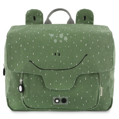 Mochila infantil verde com padrão branco e desenho sorridente