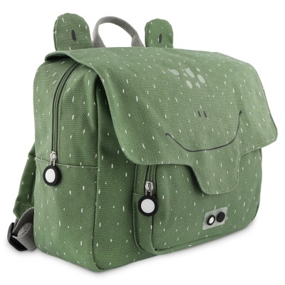 Mochila verde com estampa de pontos brancos e rosto sorridente