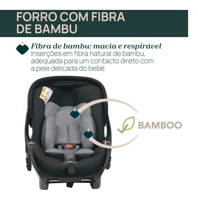 Cadeira de bebé preta com forro cinza em fibra de bambu
