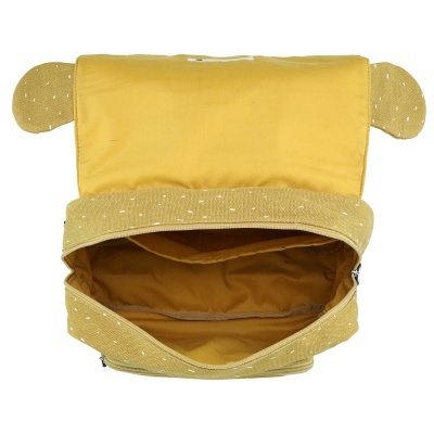 Mochila infantil amarela aberta com orelhas arredondadas e padrão de pontos brancos