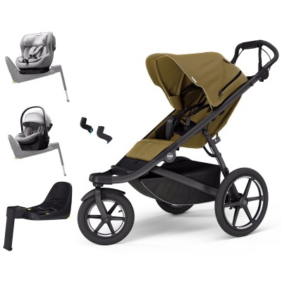 Carrinho de passeio verde-oliva com acessórios cinza e preto em fundo branco