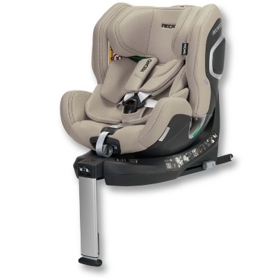 cadeira auto infantil Recaro bege com suporte preto e base prateada