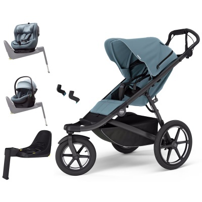 Carrinho de bebé de três rodas azul com acessórios