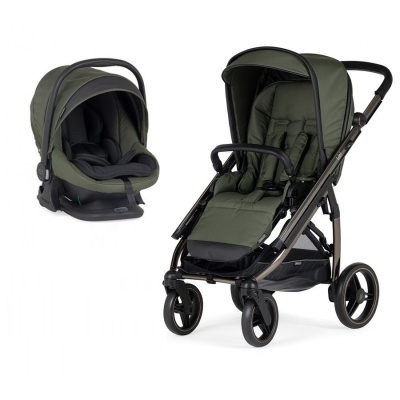 Carrinho de bebé verde-oliva com ovo para automóvel do mesmo tom e estrutura preta